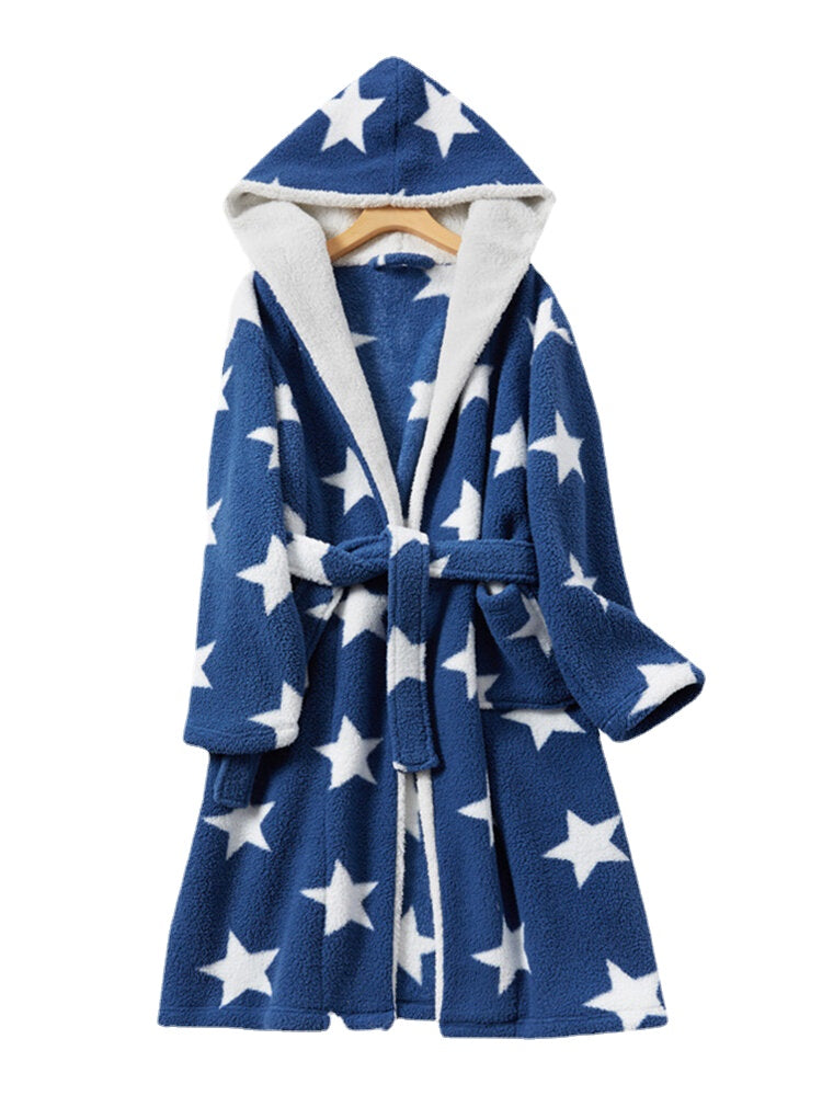 Women's Star Print Fleece Hooded Robe with Pockets - Warm & Cozy