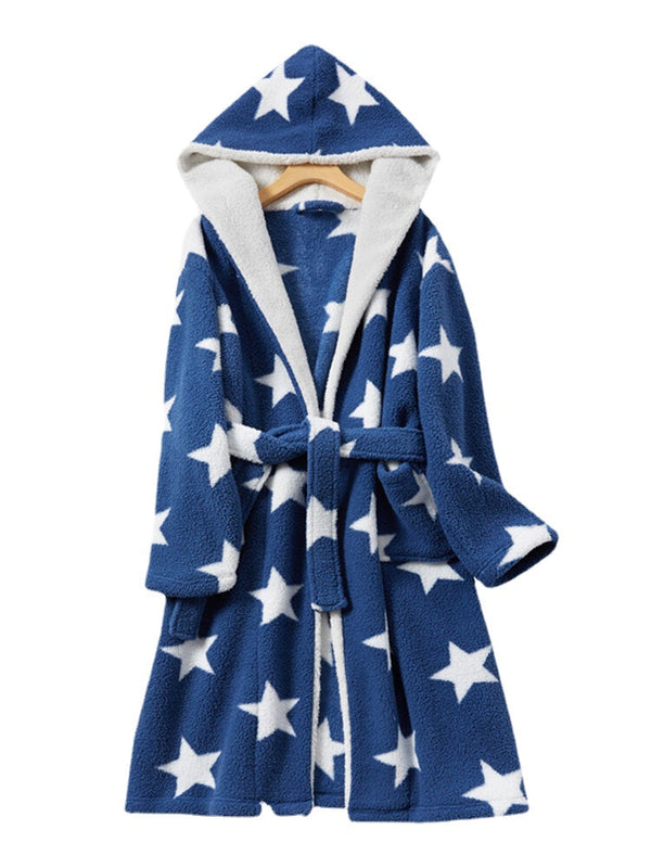 Women's Star Print Fleece Hooded Robe with Pockets - Warm & Cozy
