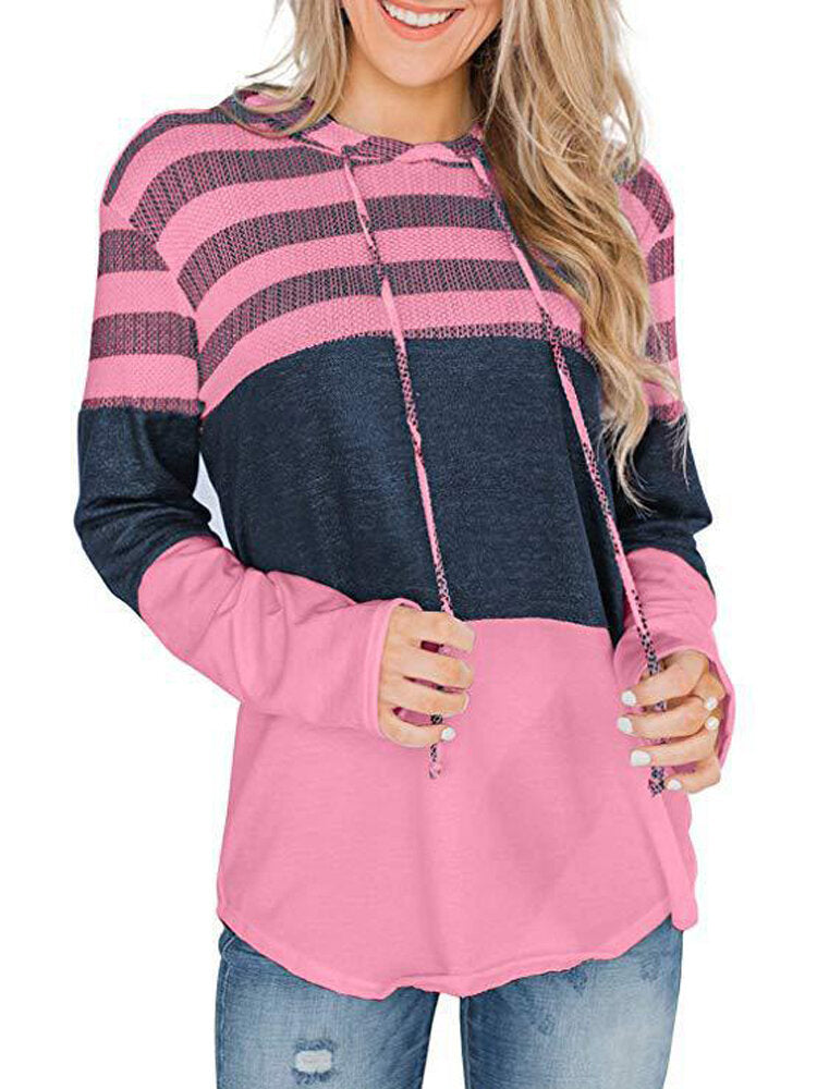Women Christmas Elk Stripe Patchwork Casual Long Sleeve Drawstring Hoodies