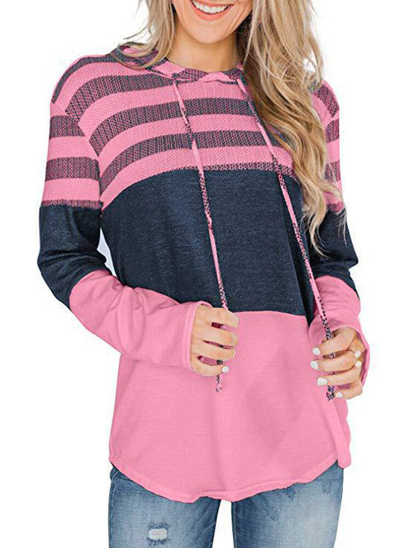Women Christmas Elk Stripe Patchwork Casual Long Sleeve Drawstring Hoodies