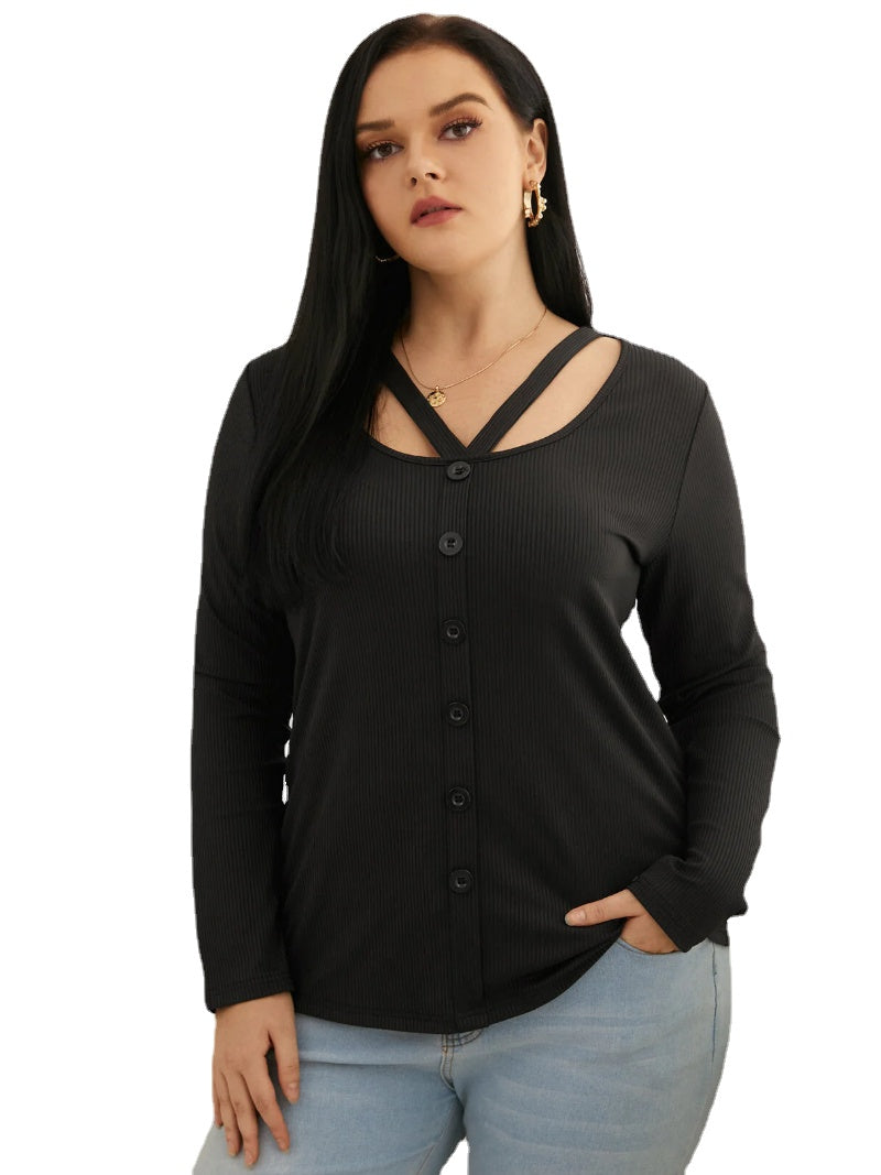 Plus Size Round Neck Button Design Cut Out Tee Main image