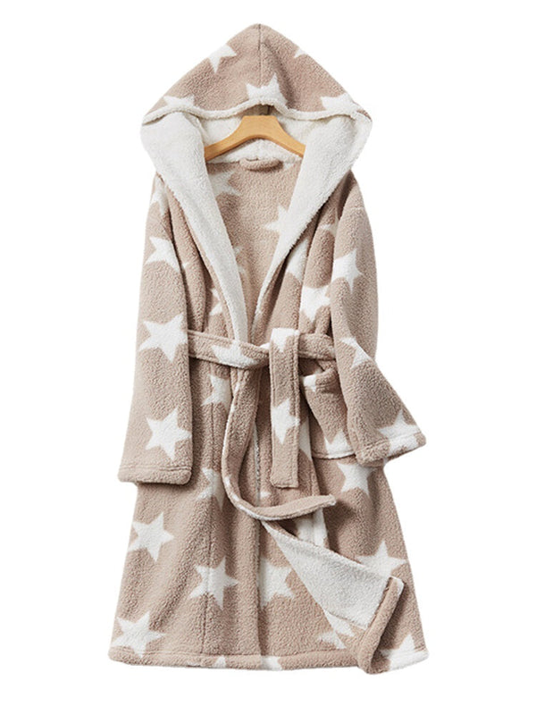 Women's Star Print Fleece Hooded Robe with Pockets - Warm & Cozy