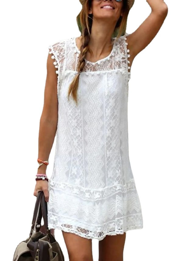 Women's Sleeveless Pure Color Crew Neck Daily Vacation Lace Dress Main image