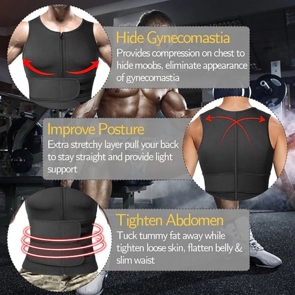 Men Neoprene Sauna Zipper Waist Trainer Vest Tank Top Trimmer Body Shaper with Two Belt Sauna Suit Sweat Vest Slimming Underwear Weight Loss Shirt Fat Burner Tank Tops Shapewear