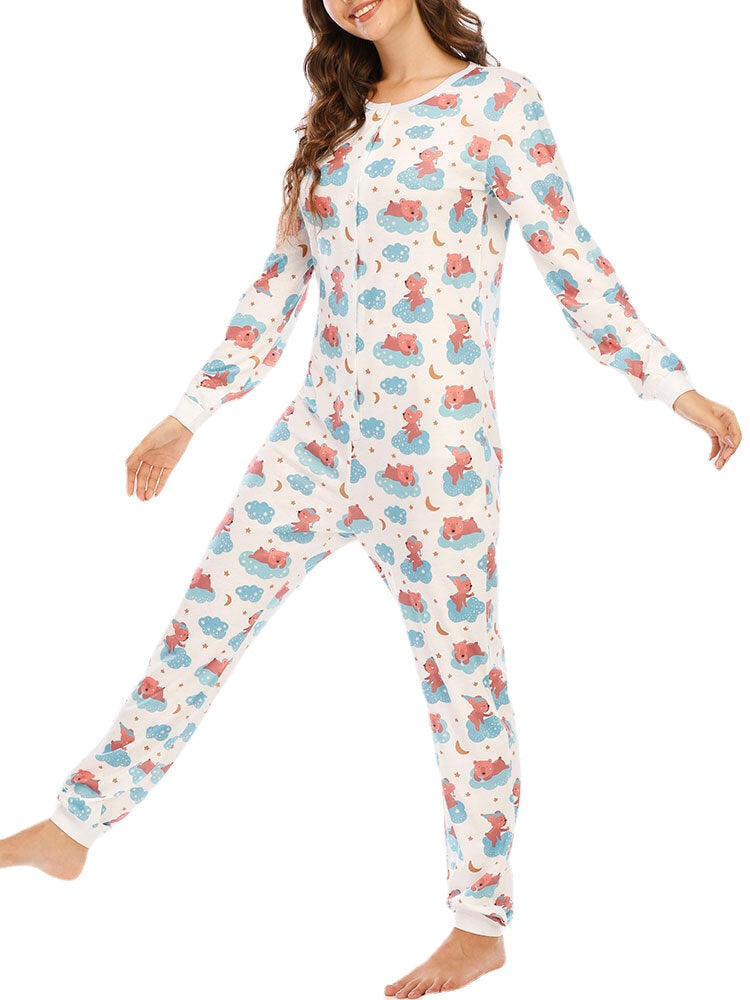 Plus Size Women Cute Cartoon Bear Print Round Neck Long Sleeve Half Button Home Sleepwear Rompers