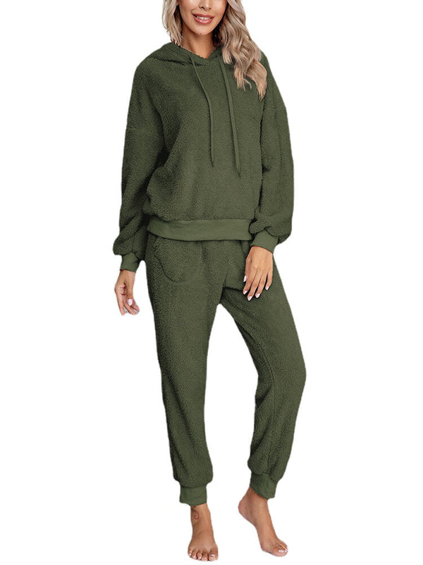 Women Soft Solid Color Hoodie Pocket Elastic Waist Jogger Pants Home Plush Pajama Set