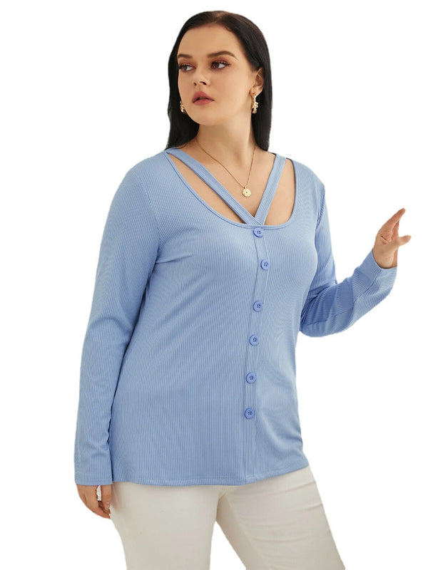 Plus Size Round Neck Button Design Cut Out Tee