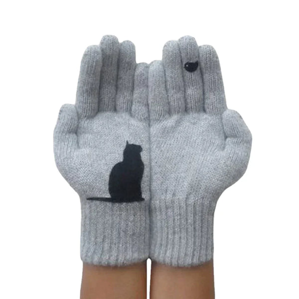 Women's Wool Gloves Autumn Winter Outdoor Warm Cold Padded Cat Bird Print Glove