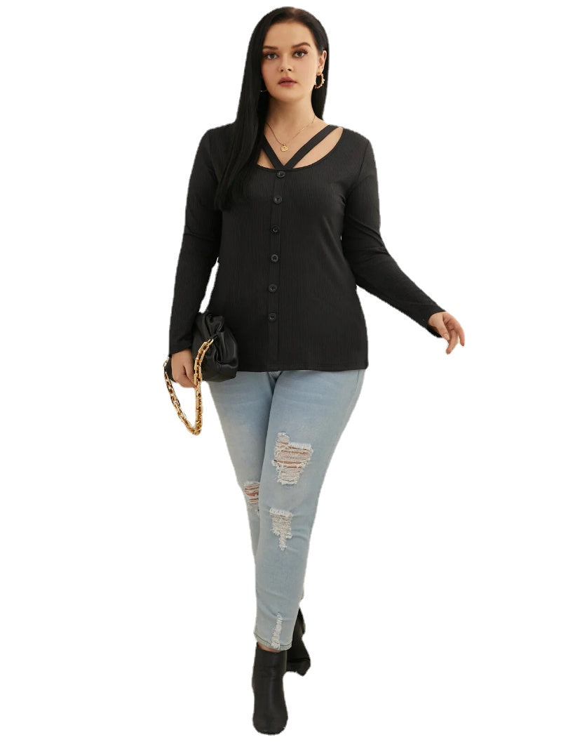 Plus Size Round Neck Button Design Cut Out Tee