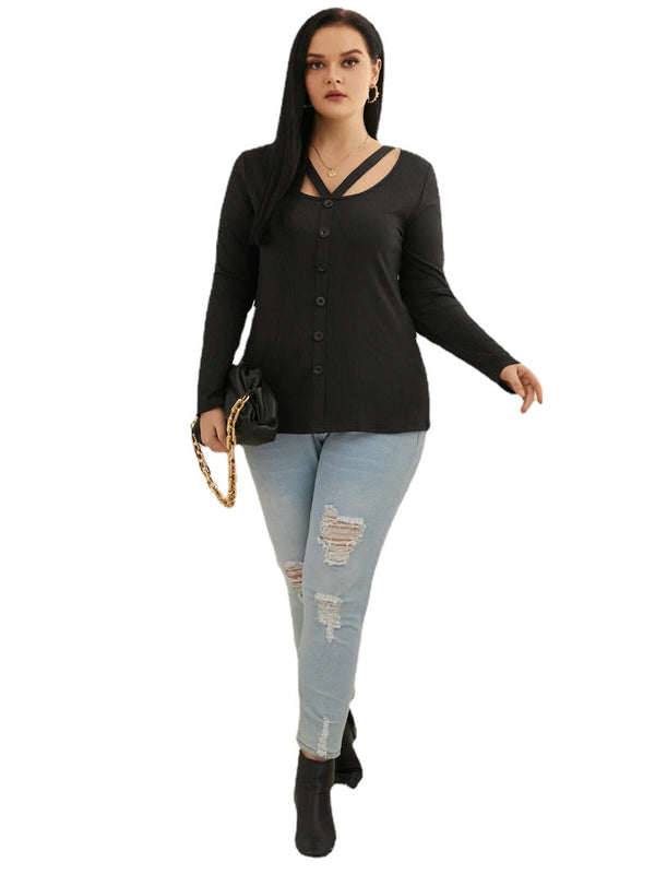 Plus Size Round Neck Button Design Cut Out Tee