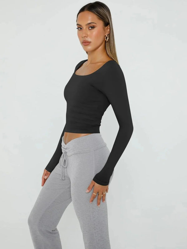 Womens Long Sleeve Shirts Crop Tops Basic Double Layering Tight Slim Fit T Shirts Winter Clothes