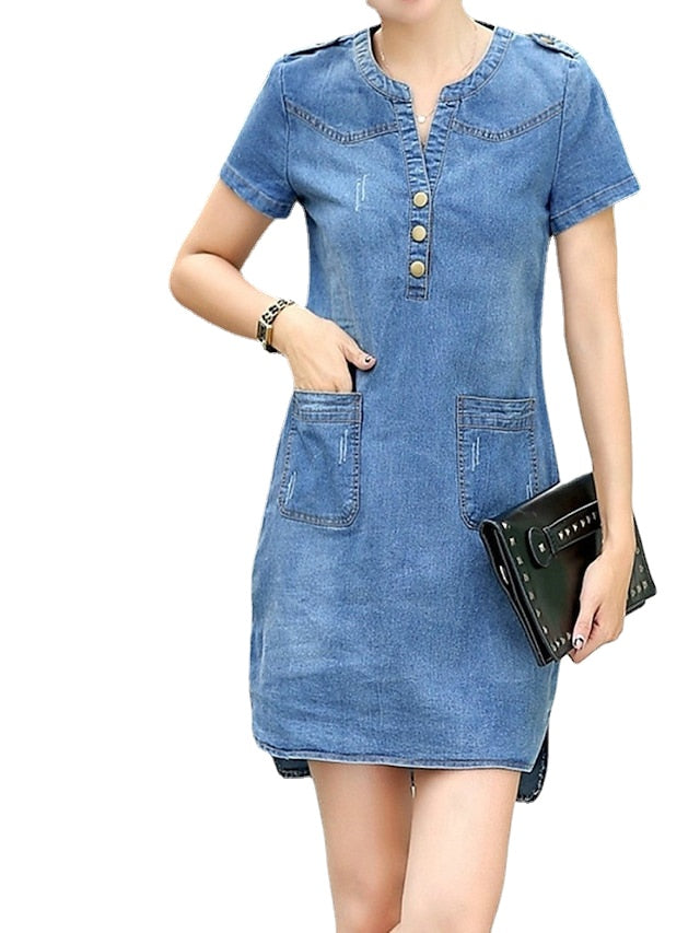 Women's V-Neck Denim Mini Dress with Pockets - Short Sleeve Summer Style