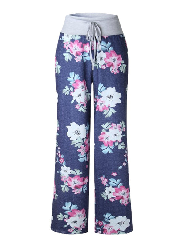 Plus Size Women Floral Printing Drawstring Waist Loose Casual Home Pajamas Pants