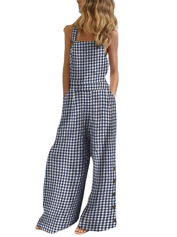 Women Casual Sleeveless Straps Plaid Wide Leg Side Buttons Jumpsuits With Pocket