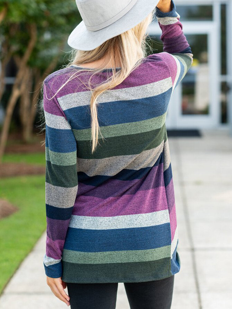 Women Multi-Color Striped O-Neck Twist Hem Long Sleeve T-Shirt