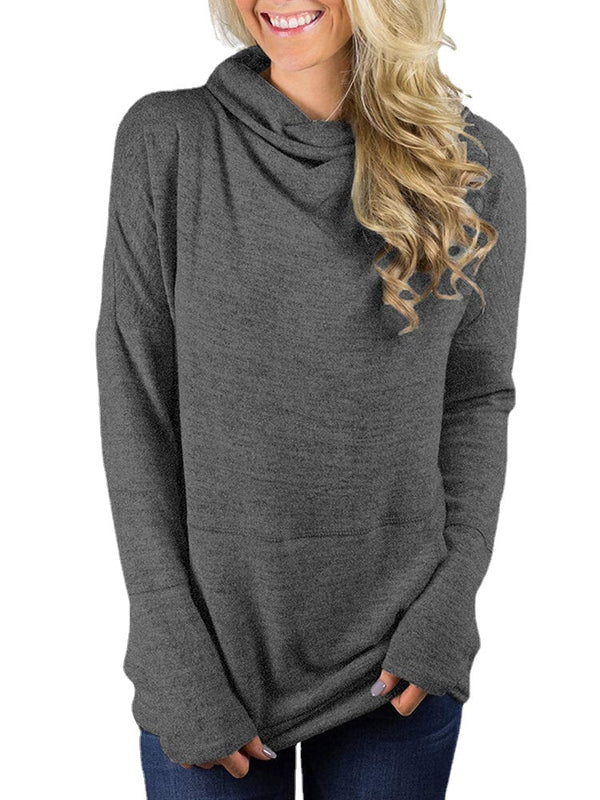 Women Knit High Neck Long Sleeve Casual Pullover Sweaters With Pocket