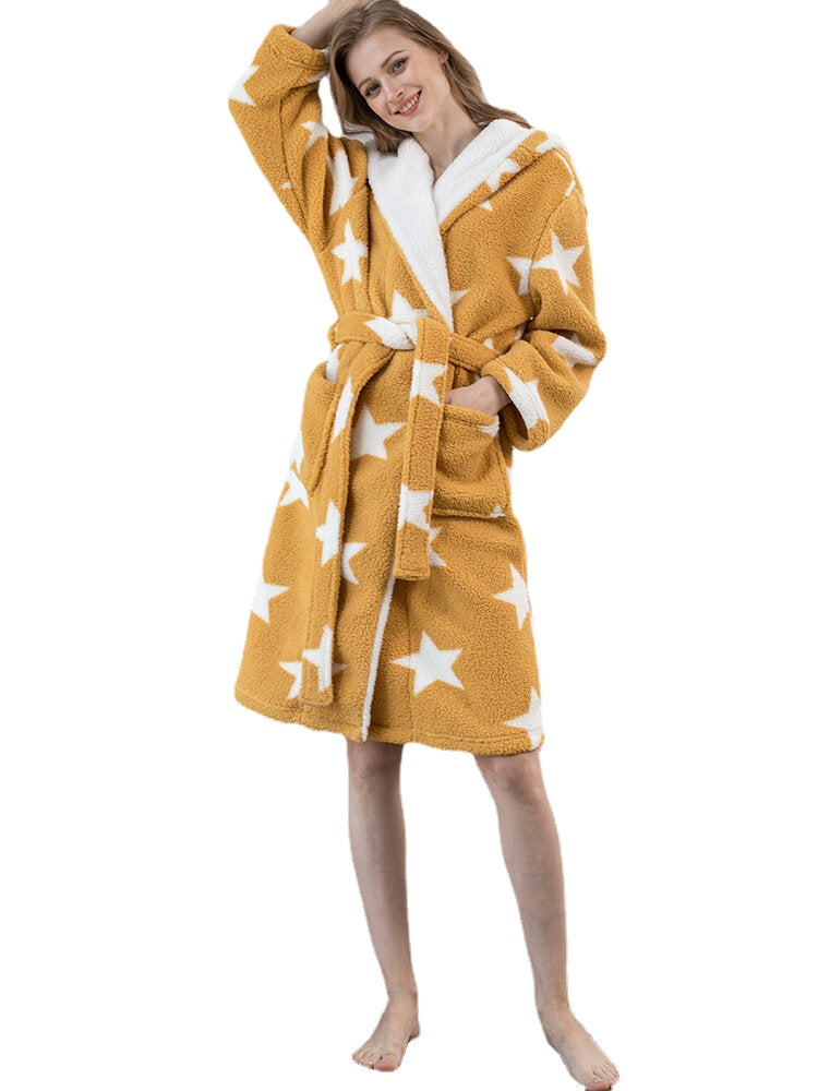 Women's Star Print Fleece Hooded Robe with Pockets - Warm & Cozy
