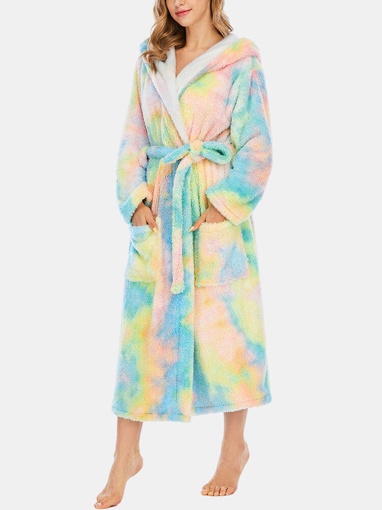 Green Women's Tie Dye Fleece Hooded Sleepwear Robe with Pockets