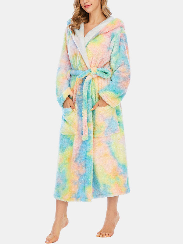 Green Women's Tie Dye Fleece Hooded Sleepwear Robe with Pockets