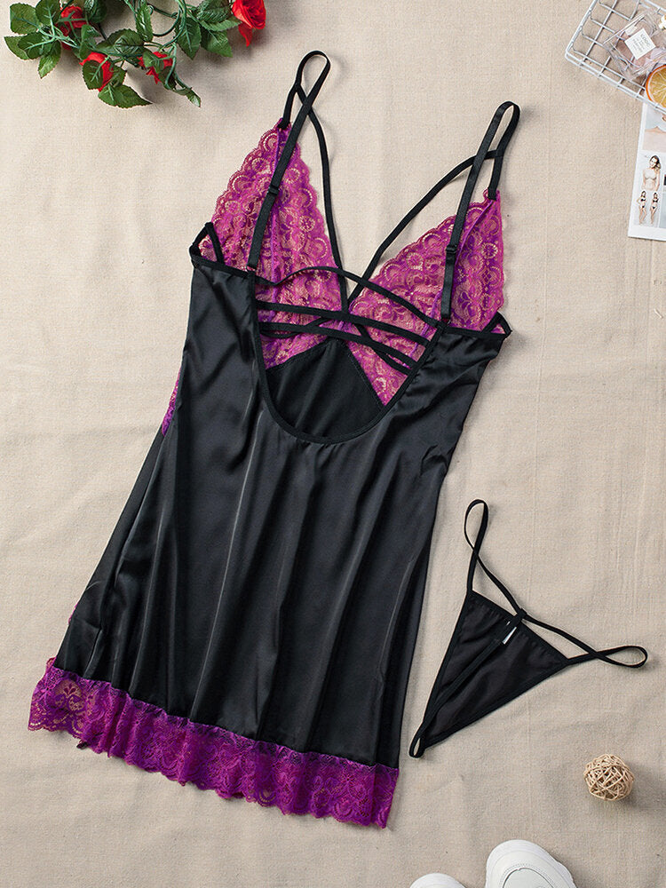 Women's Lace Trim Faux Silk Plunge Chemise Nightgown with Side Split