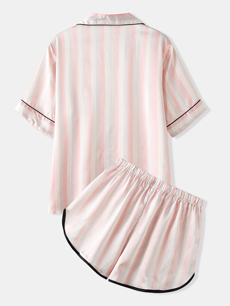 Women's Colorful Striped Revere Collar Silk Pajama Set with Pockets Secondary image