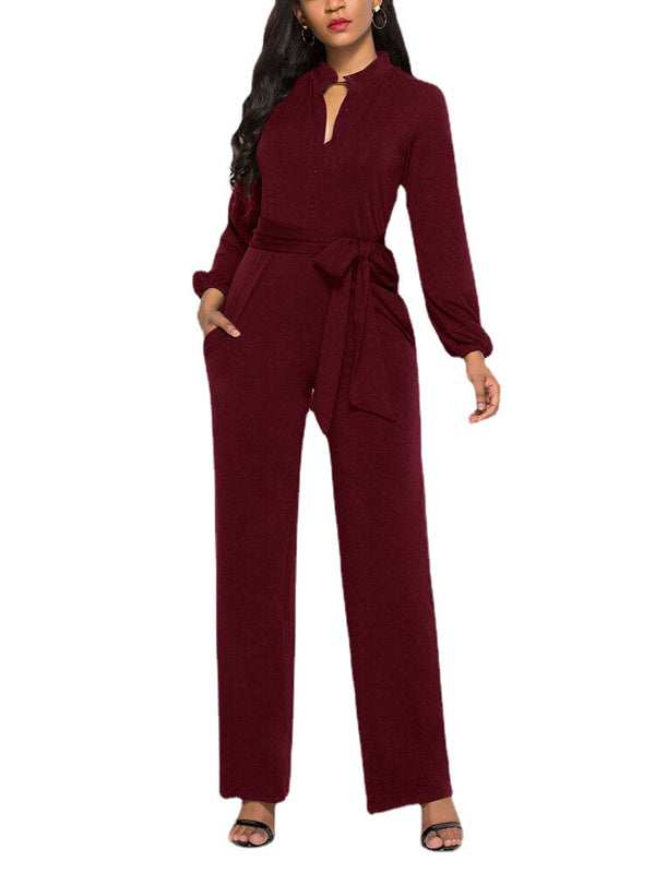 Women Solid Color Long Sleeve Waist Belt Stand Collar Plus Size Jumpsuit