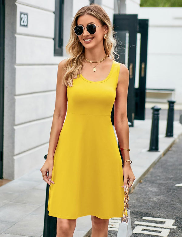 Women Summer Slim Sleeveless Scoop Neck A-Line Flare Sun Dresses
