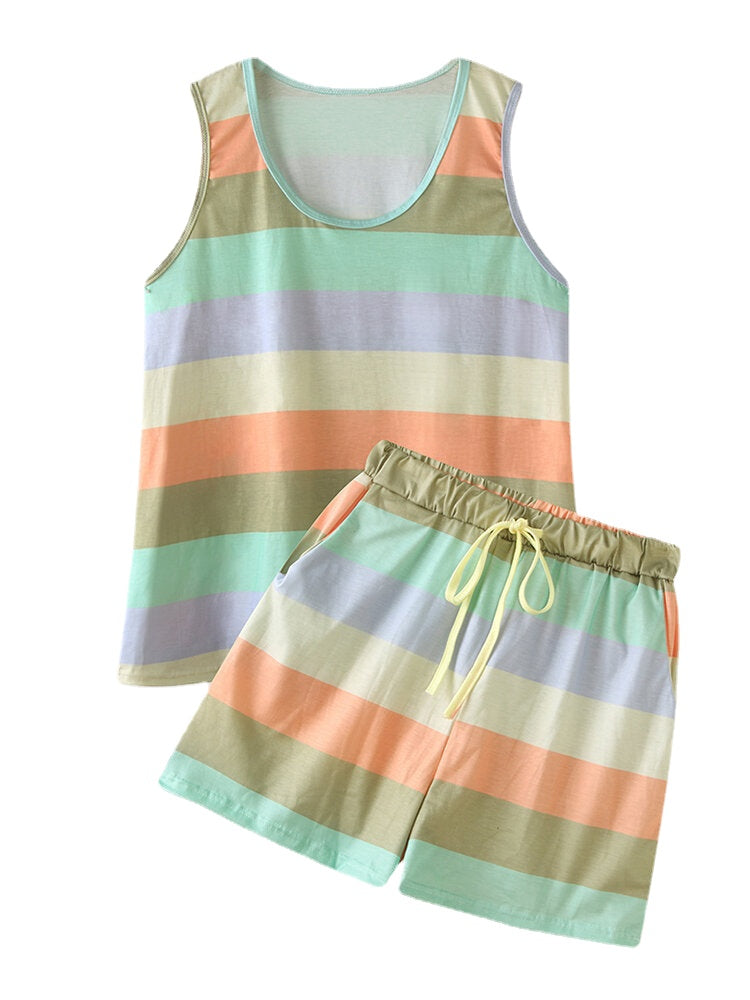 Plus Size Women's Striped Sleeveless Pajama Set - Soft Sleepwear Tank Top