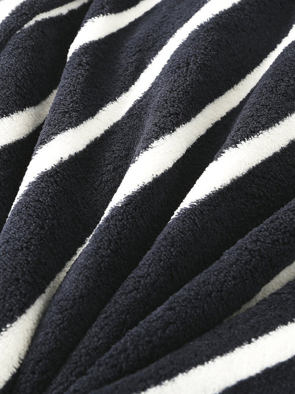 Men Basic Striped Print Flannel Winter Thick Mid-Length Home Lounge Robes