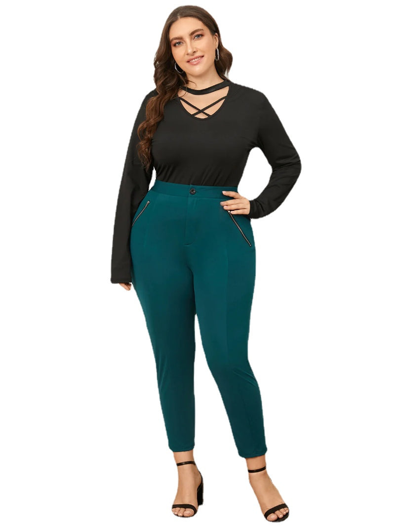 Plus Size Button Design Zip Front Pants Main image