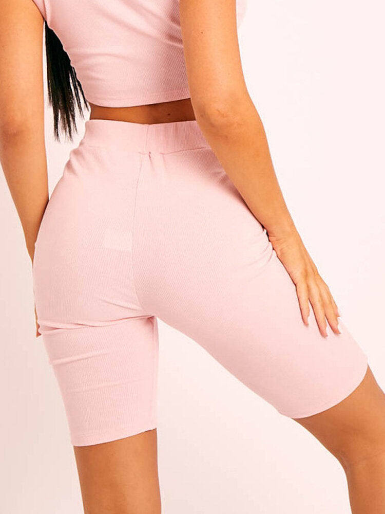 Women Solid Color High Waist Elastic Sport Fitness Shorts