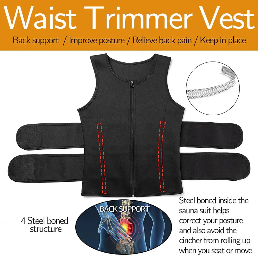 Men Neoprene Sauna Zipper Waist Trainer Vest Tank Top Trimmer Body Shaper with Two Belt Sauna Suit Sweat Vest Slimming Underwear Weight Loss Shirt Fat Burner Tank Tops Shapewear