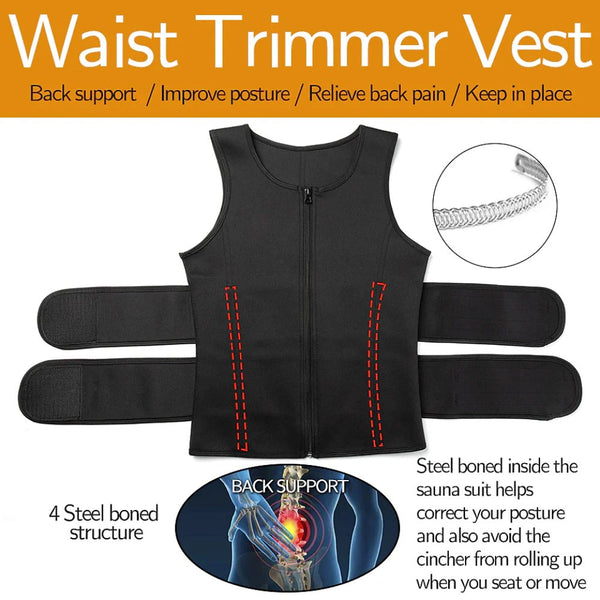 Men Neoprene Sauna Zipper Waist Trainer Vest Tank Top Trimmer Body Shaper with Two Belt Sauna Suit Sweat Vest Slimming Underwear Weight Loss Shirt Fat Burner Tank Tops Shapewear