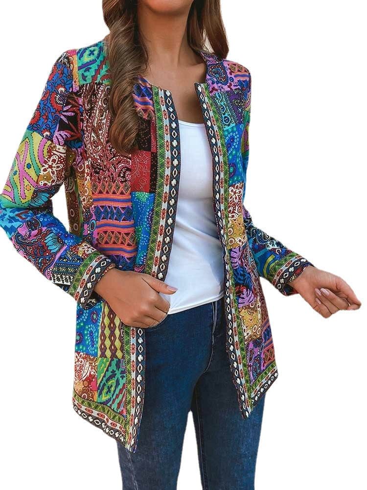 Ethnic Style Vintage Floral Printed Long Sleeve Coats For Women
