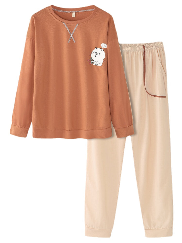 Women's Cute Pig Pajama Set: Long Sleeve Sweatshirt & Loose Jogging Pants for Home Lounge Main image