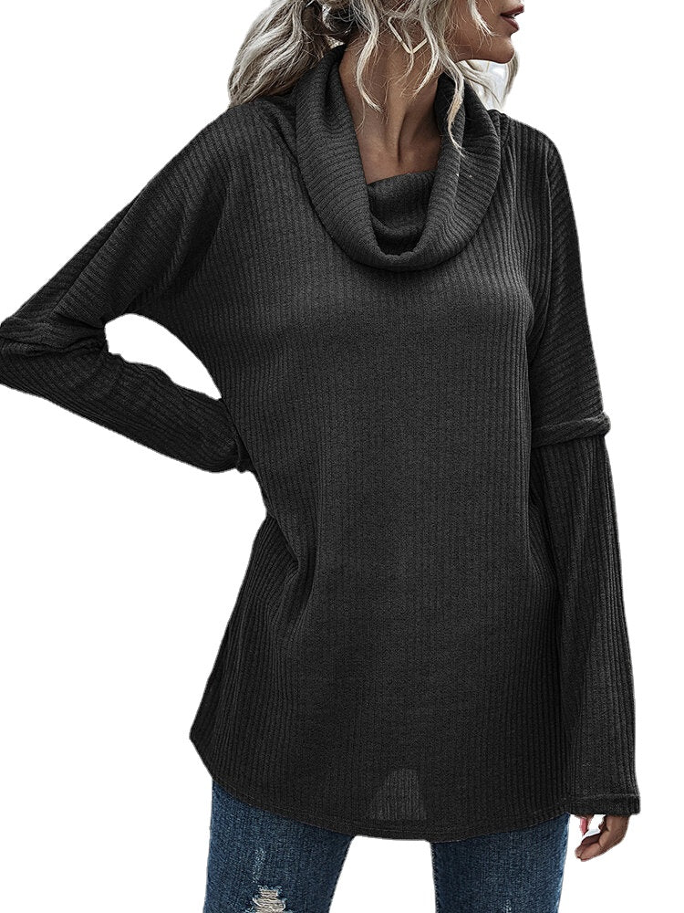 Women Solid Color Rib Knit Turtleneck Warm Long Sleeve Sweaters