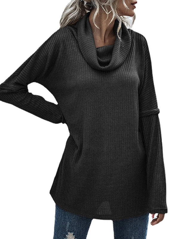 Women Solid Color Rib Knit Turtleneck Warm Long Sleeve Sweaters