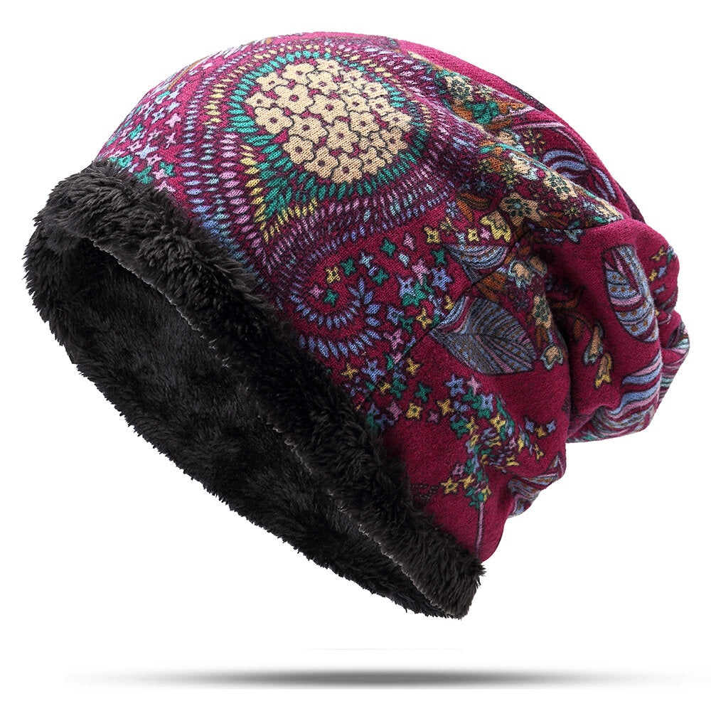 Women Warm Plus Velvet Thicken Beanie Hat Collar Cashmere Fashion Painting Hat