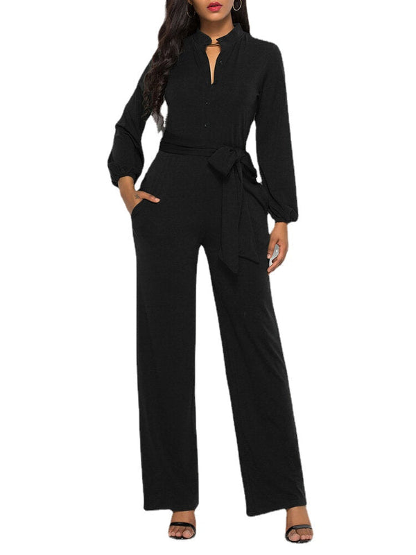 Women Solid Color Long Sleeve Waist Belt Stand Collar Plus Size Jumpsuit
