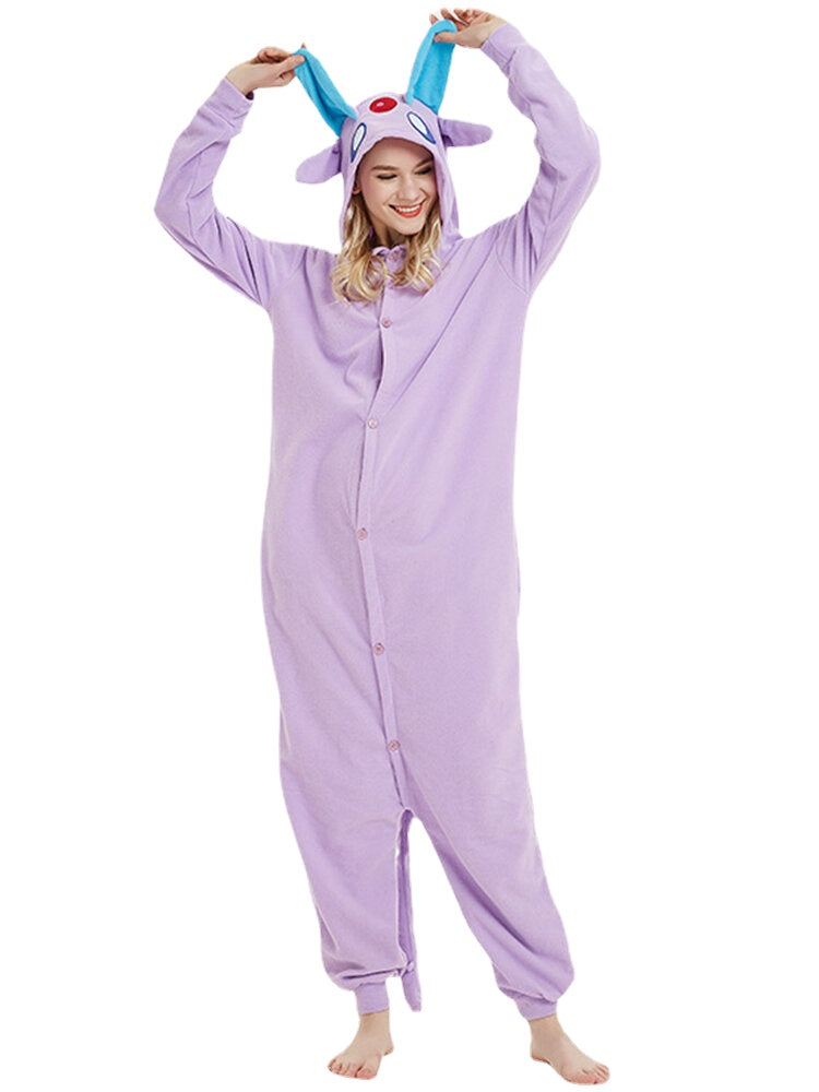 Women Cartoon Cute Button Front Home Loose Sleepwear One Piece Hooded Jumpsuits With Side Pocket Secondary image
