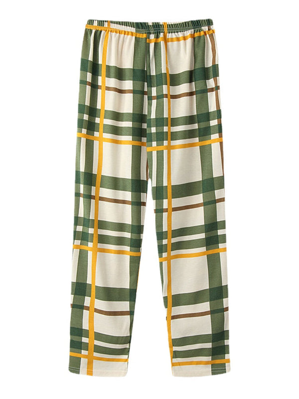 Women's Cartoon Bear Print Pajama Set - Plaid Pants, O-Neck, Elastic Waist