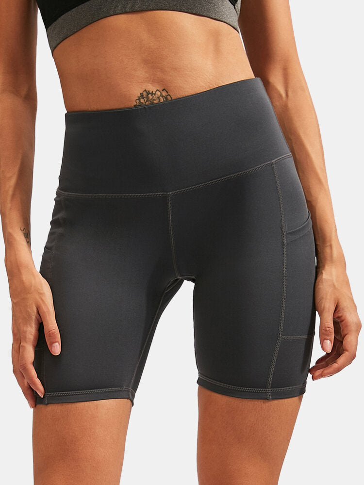 Women Solid Color Quick Dry Yoga Sport High Elastic Shorts With Side Pocket