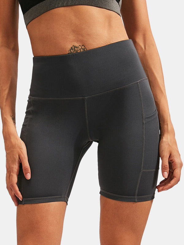 Women Solid Color Quick Dry Yoga Sport High Elastic Shorts With Side Pocket
