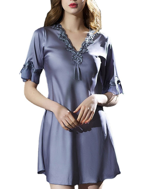 Elegant Women's Satin A-Line Mini Dress with Lace Bow, V-Neck, Solid Color for Home Lounge