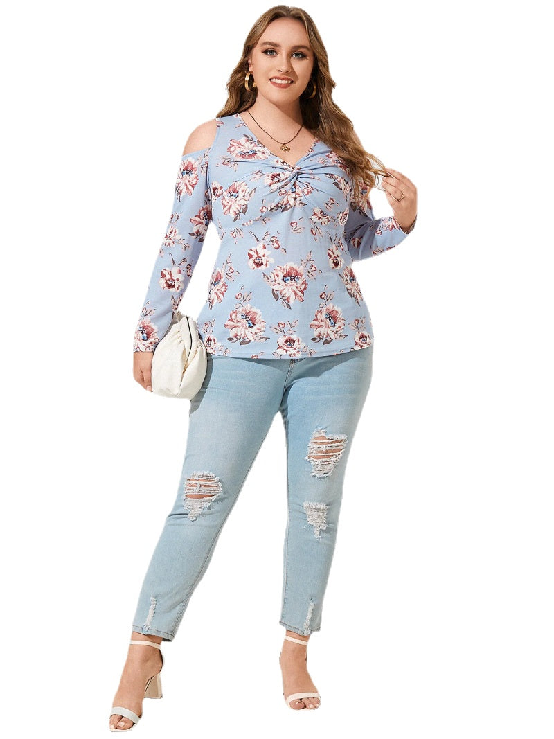 Plus Size Cold Shoulder Floral Print Twist Long Sleeves Tee