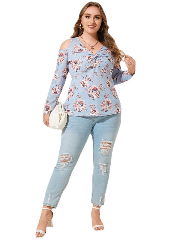 Plus Size Cold Shoulder Floral Print Twist Long Sleeves Tee