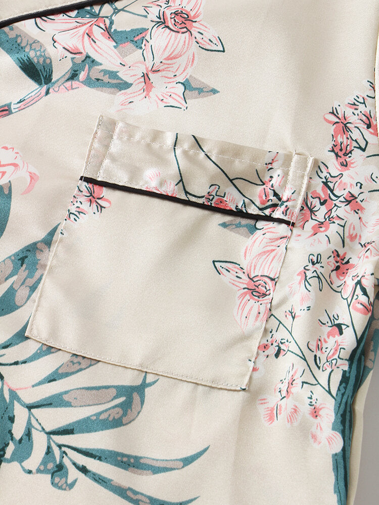 Plus Size Women's Plant Print Silk Pajama Set - Revere Collar, Short Sleeve, Loose Fit