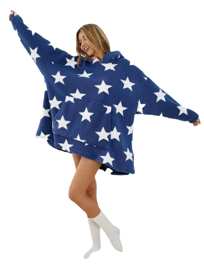 Women's Star Fleece Blanket Hoodie with Kangaroo Pocket - Warm & Cozy