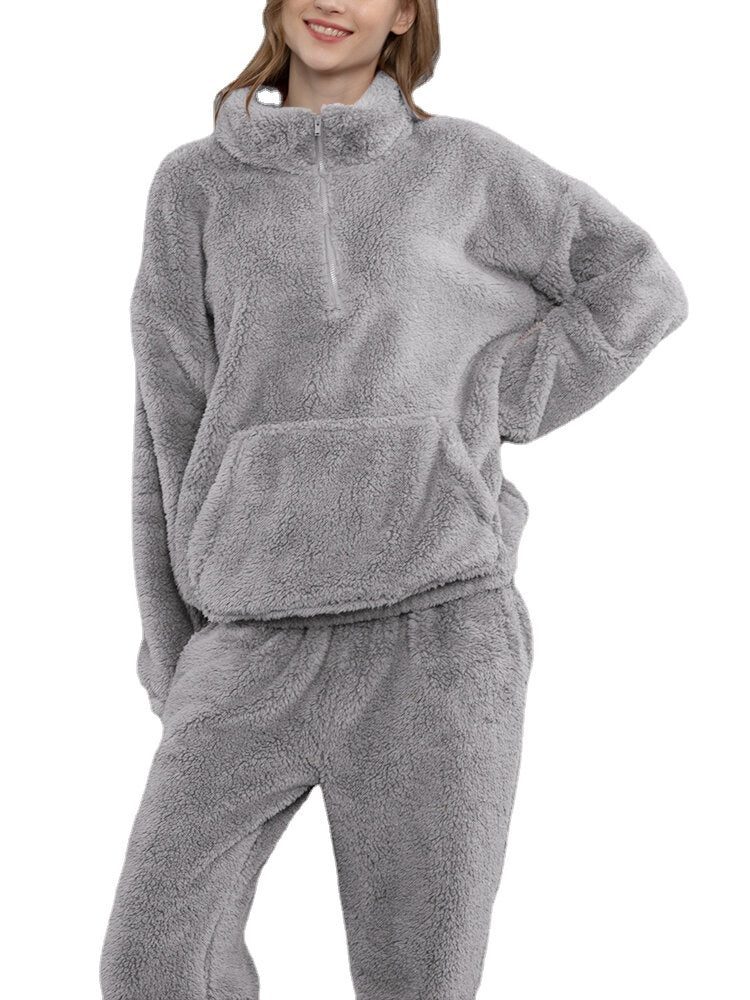 Women's Plush Fluffy Pajama Set with Kangaroo Pocket Pullover & Jogger Pants