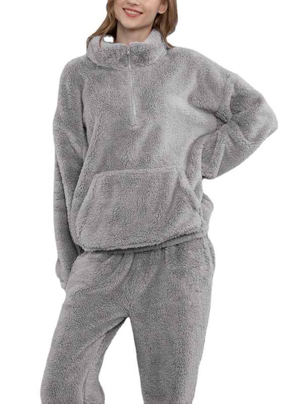 Women's Plush Fluffy Pajama Set with Kangaroo Pocket Pullover & Jogger Pants